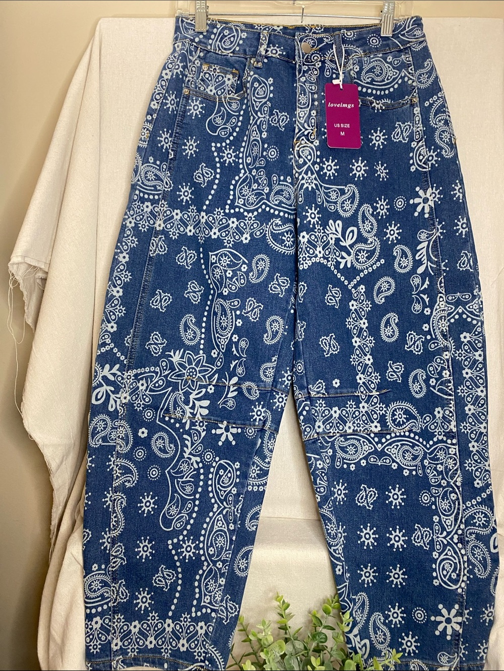 NWT Loveimgs Women Baggy Barrel Jeans Bandana Print Denim Ankle Wide Leg Medium